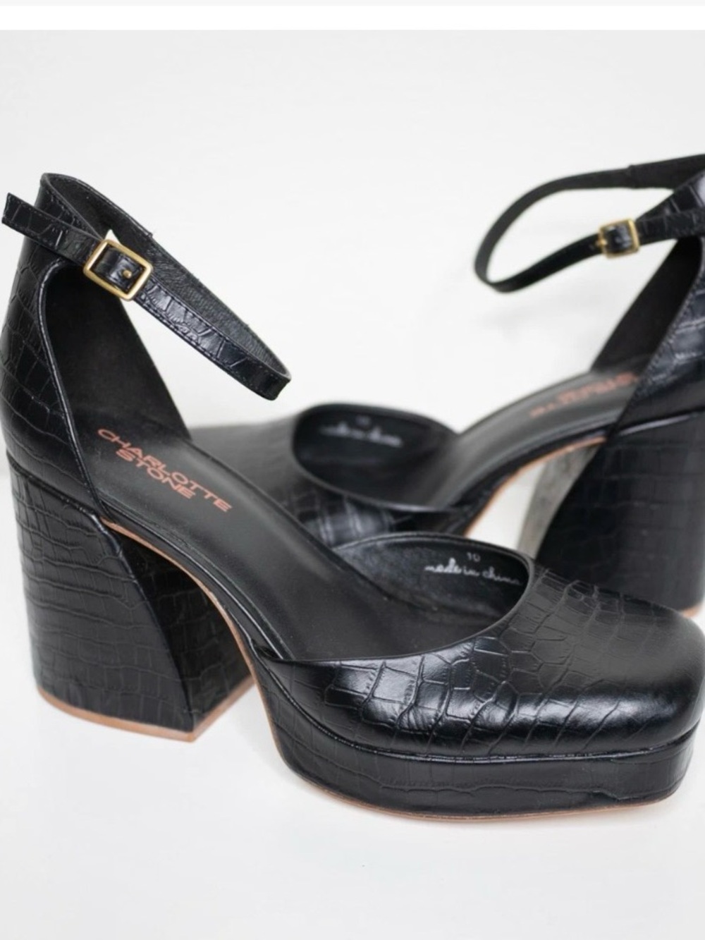 Charlotte Stone Black Croc-Embossed Platform Mary Jane Block Heels SZ 10